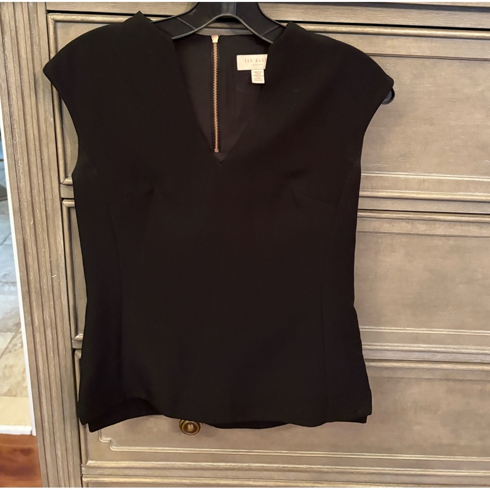 Ted Baker Black Cap Sleeve V-Neck Blouse with Back Zip